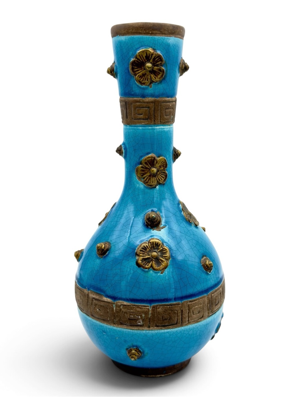 1930s Ugo Zaccagnini Italian Chinoiserie Turquoise & Cherry Blossom Relief Vase